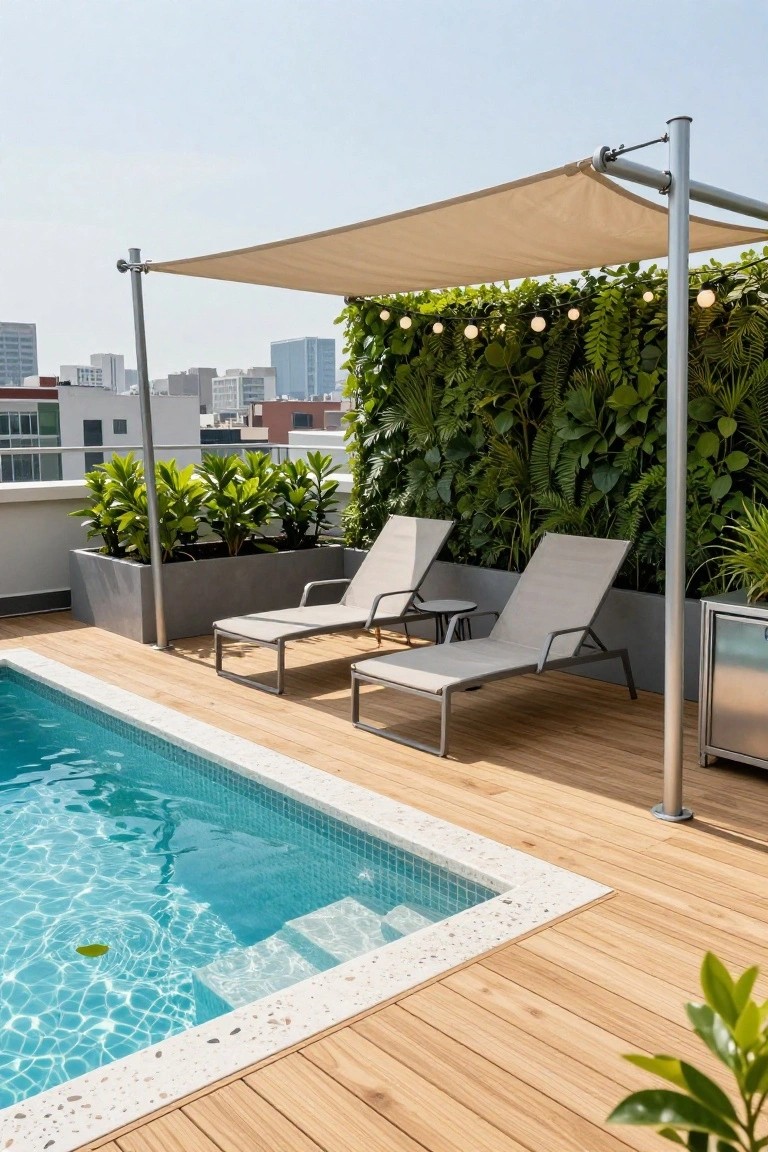 21 Inspiring Pool Deck Makeover Ideas You’ll Want to Try This Summer Rooftop pool deck with turquoise tiled pool, two gray loungers under beige shade sail on metal poles, potted plants, green wall with string lights, and city skyline backdrop.
