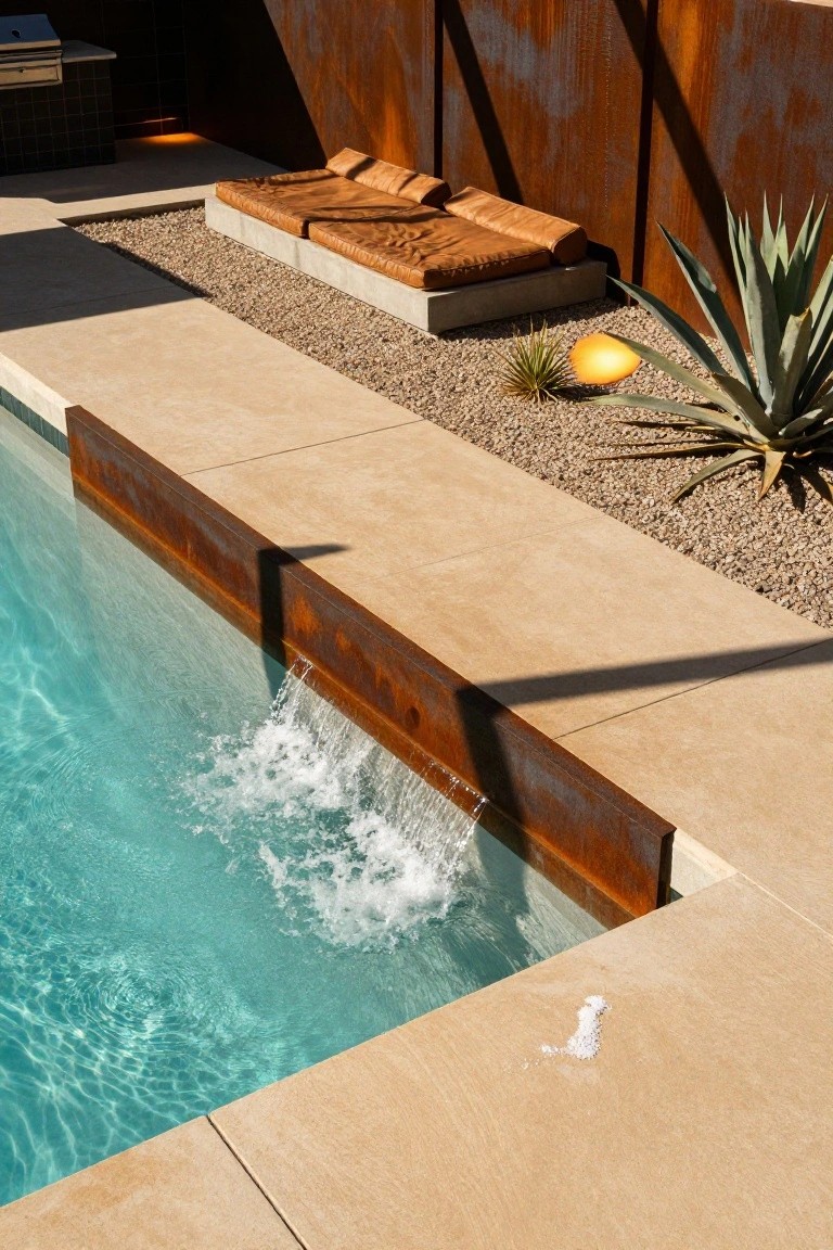21 Inspiring Pool Deck Makeover Ideas You’ll Want to Try This Summer Close view of a turquoise pool with rusted steel edge allowing water to cascade over, next to beige deck tiles, gravel planted with agave and yucca, and tan lounge seats on a concrete platform.