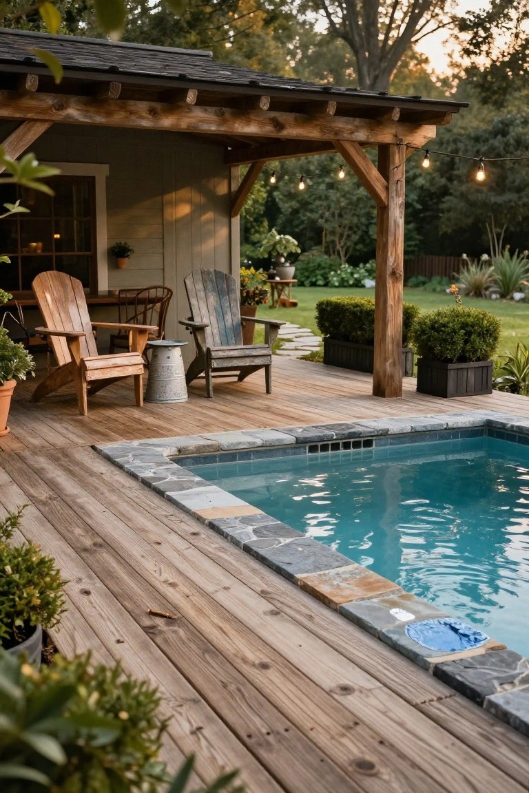 21 Inspiring Pool Deck Makeover Ideas You’ll Want to Try This Summer Wooden deck around a small turquoise plunge pool with dark stone edging, shaded by a rustic pergola with string lights, Adirondack chairs, plants, and a side table nearby.