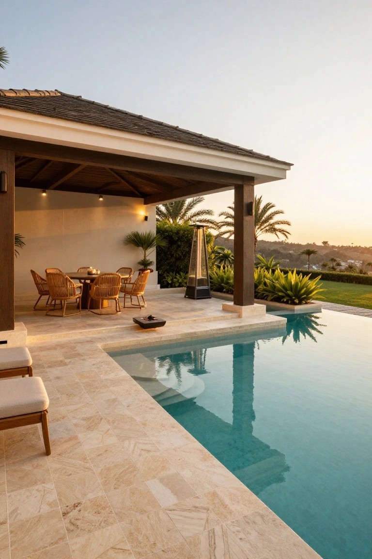 21 Inspiring Pool Deck Makeover Ideas You’ll Want to Try This Summer Pool deck paved in light travertine tiles extending to turquoise pool edge, with shaded wooden pergola sheltering rattan dining table and chairs, potted plants, gas fire feature, and palm trees against sunset sky.