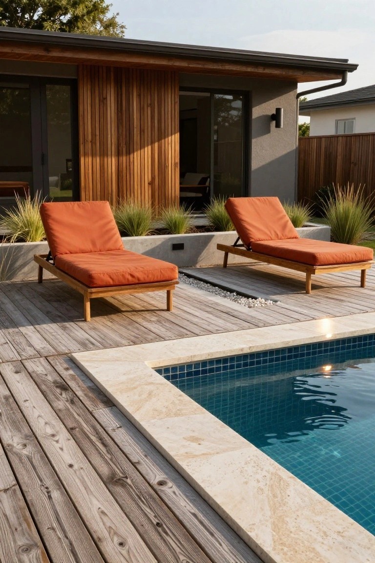 Wooden deck with two orange loungers positioned near a pool with stone coping, grasses in concrete planters, and a modern house in the background.