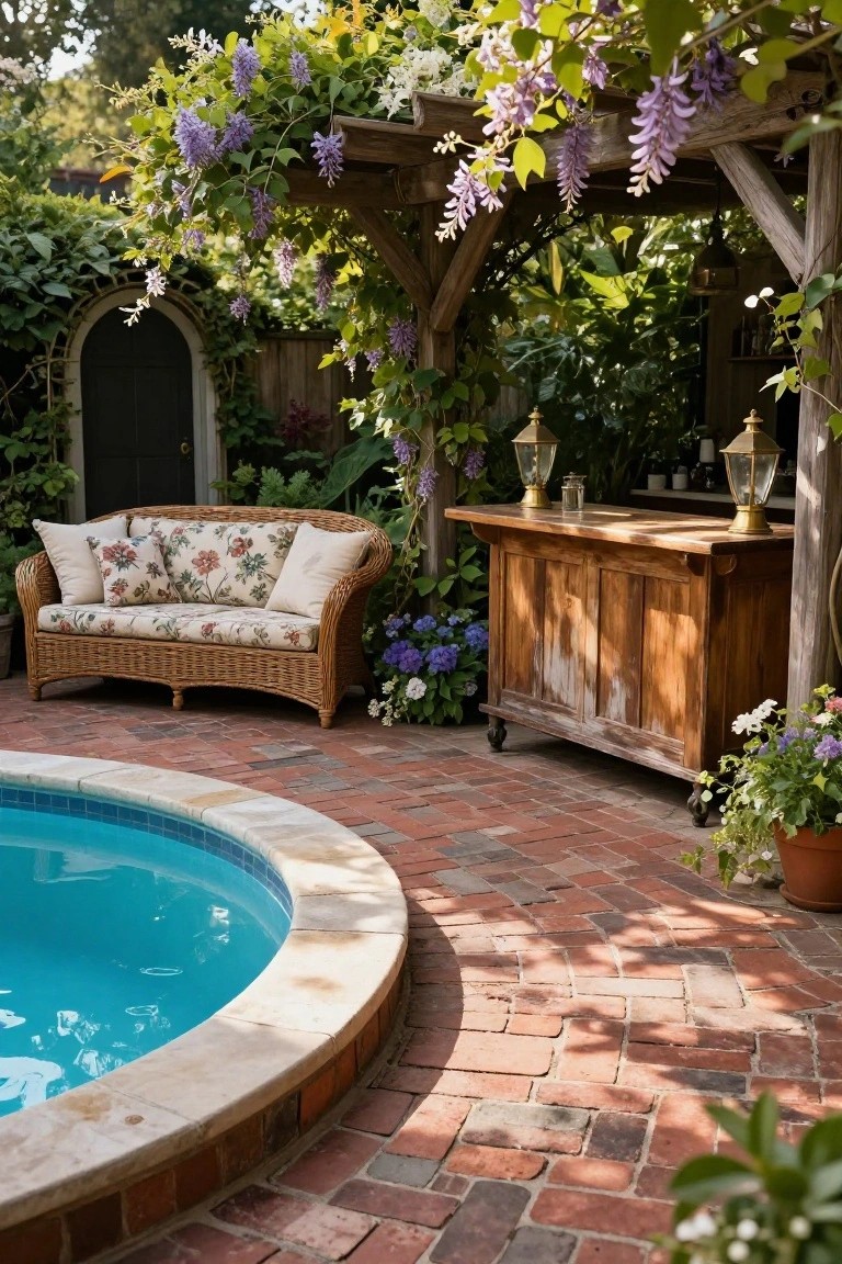 Curved turquoise pool on a brick-paver deck surrounded by greenery, with a wicker loveseat, wooden bar cart under a pergola covered in purple wisteria vines, and potted plants nearby.