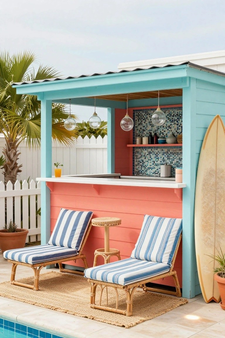 Wooden poolside bar shack painted turquoise with pink lower section, glass pendant lights, mosaic tile backsplash, surfboard leaning against it, rattan lounge chairs on decking next to a pool.