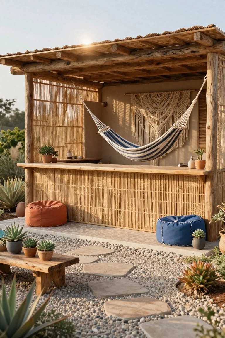 Covered outdoor bar made of woven bamboo and wood with a blue-striped hammock, orange and blue poufs, potted plants, wooden bench, gravel path, and desert landscaping under a thatched roof.