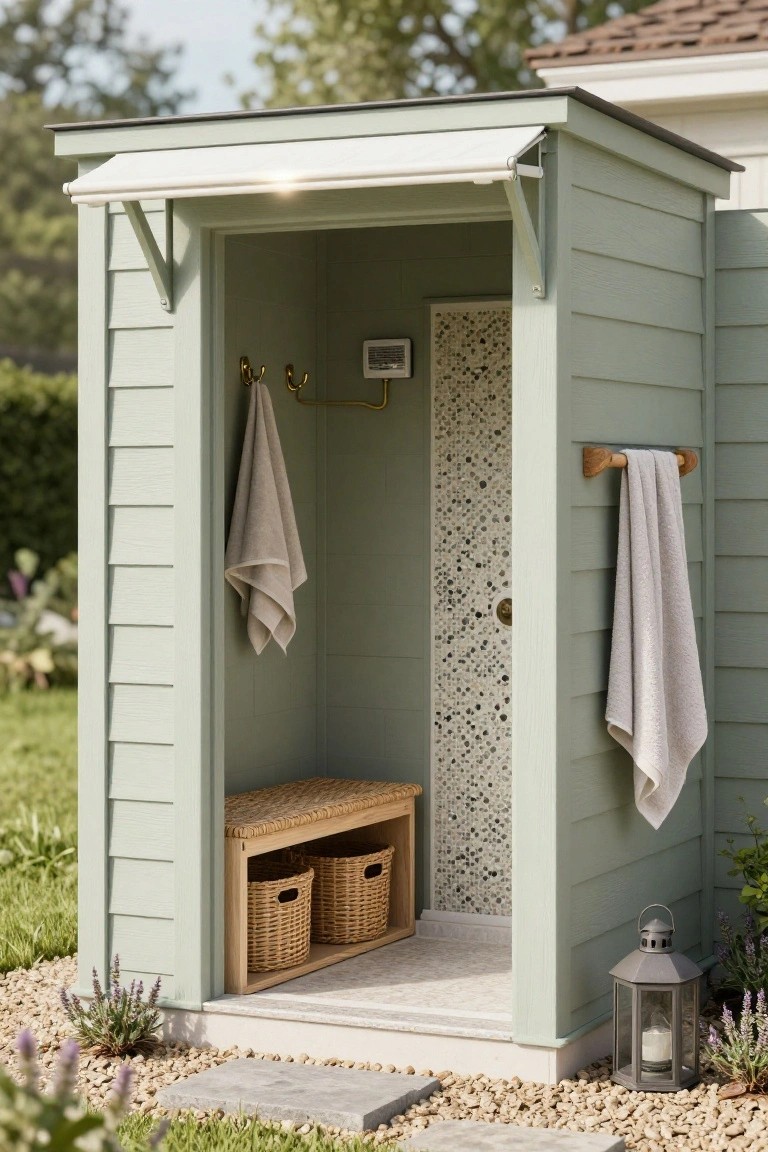 Small light green wooden shed with white awning, open door revealing pebble mosaic shower interior, beige towels on wooden and metal hooks, wooden bench with woven baskets holding towels, gravel path and garden plantings around base, gray lantern nearby.