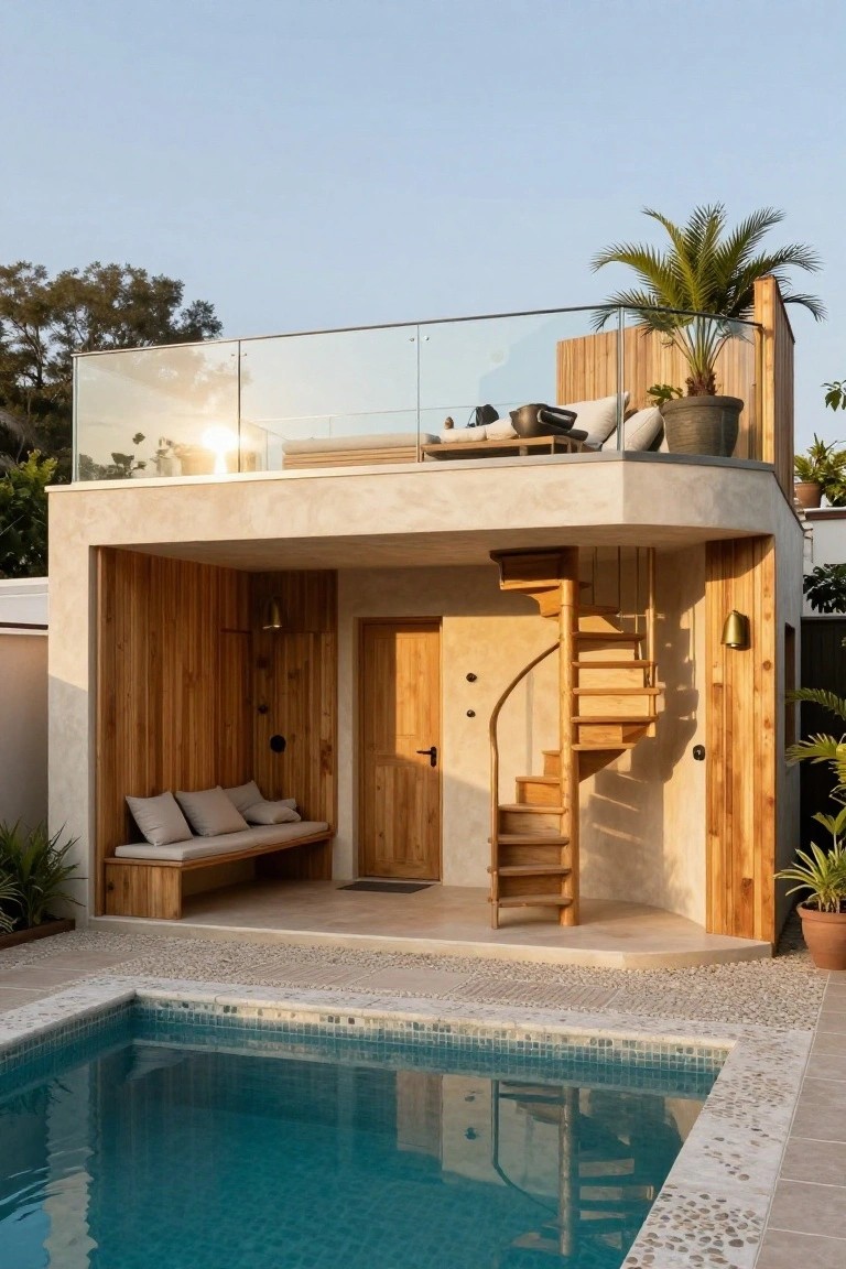 A small pool house with beige stucco exterior, wooden spiral staircase to a rooftop deck with glass railing, built-in wooden bench seating under a wooden slat overhang, and a turquoise-tiled pool in front surrounded by pebble edging.