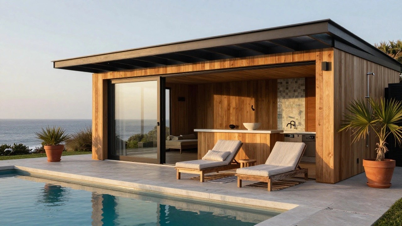 Black metal-framed glass pool house with open sliding doors revealing wooden interior, sink, and shelves, outdoor shower head on stucco wall, lounge chairs on tiled pool deck with turquoise pool and potted palm.