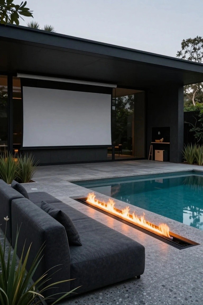 Modern black pavilion with projector screen overlooking a pool, linear gas fire pit along the pool edge, low gray outdoor sofas on gray pebble flooring, and tropical plants.