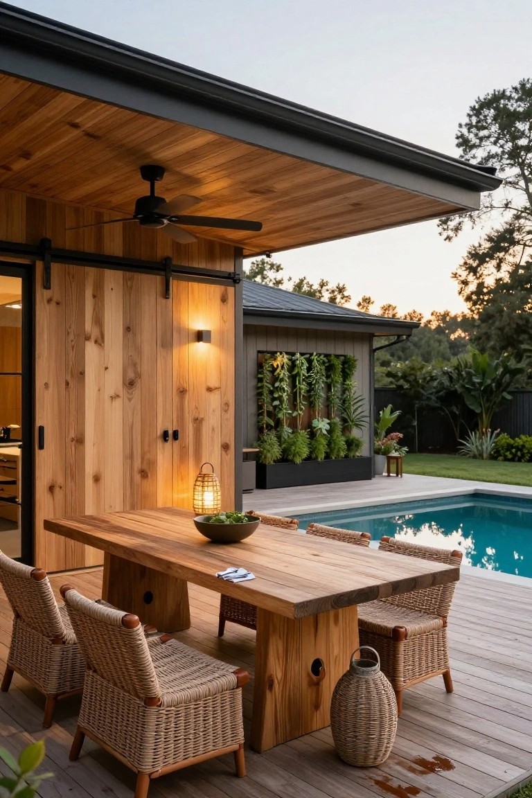 Wooden dining table and rattan chairs on a deck under a covered wooden overhang next to a pool, with a pool house featuring vertical wood siding, a green plant wall, and ceiling fan.