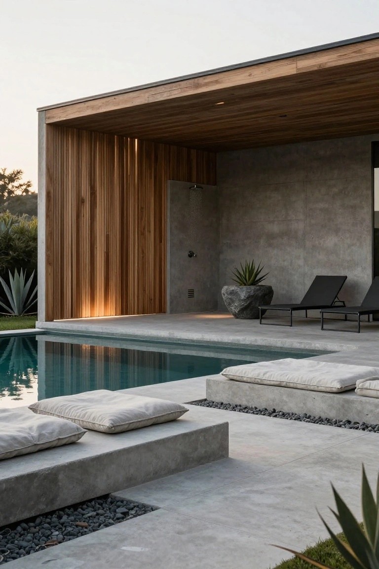 Gray concrete pool deck featuring low platforms with beige cushions at the water's edge, two black lounge chairs on the terrace, vertical wood slats on a covered structure, outdoor shower, and potted agave plants.
