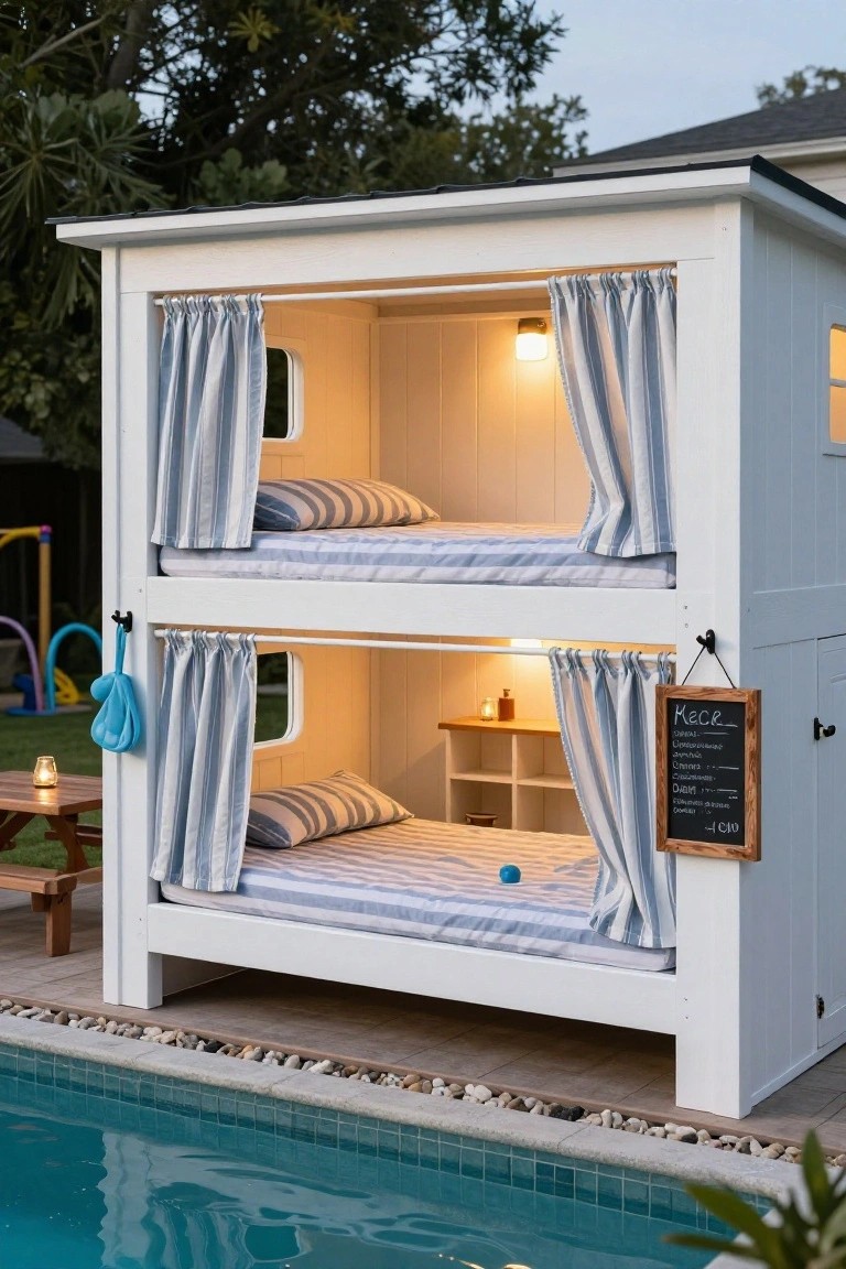 White wooden pool house cabana with two bunk beds draped in blue striped curtains, small desk and lanterns inside, positioned next to turquoise backyard pool with surrounding patio and plants.