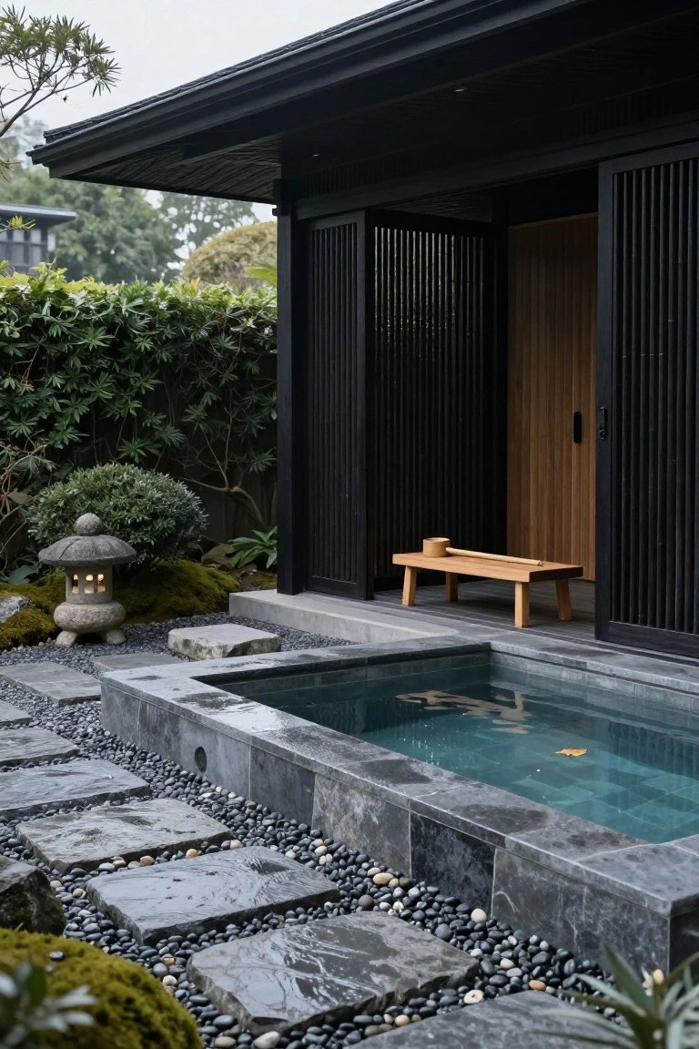Black sliding doors on a modern structure open to a wooden bench with dipper beside a small rectangular stone-lined pool surrounded by pebble paths, mossy rocks, plants, and a lit stone lantern in a garden setting.