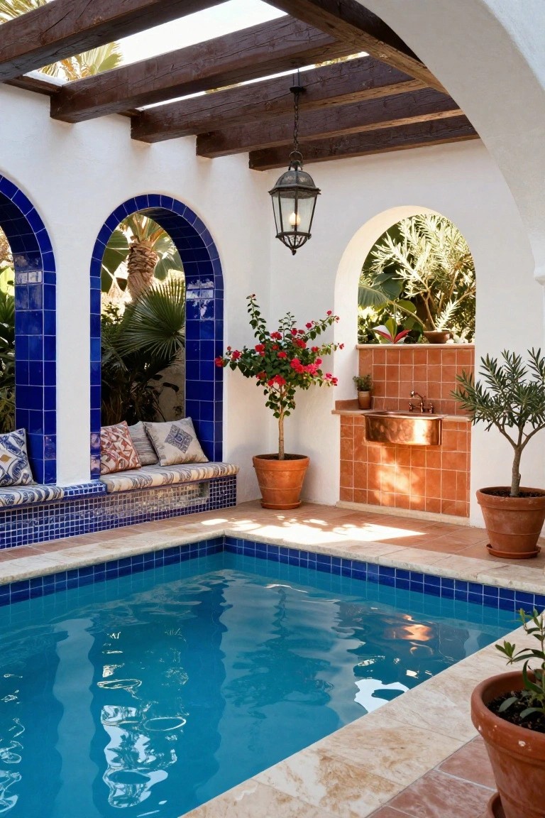 Small rectangular pool with blue tiles in a white stucco courtyard featuring arched openings, built-in bench with patterned cushions, potted plants and trees, red bougainvillea, copper sink on terracotta wall, and wooden beam ceiling.