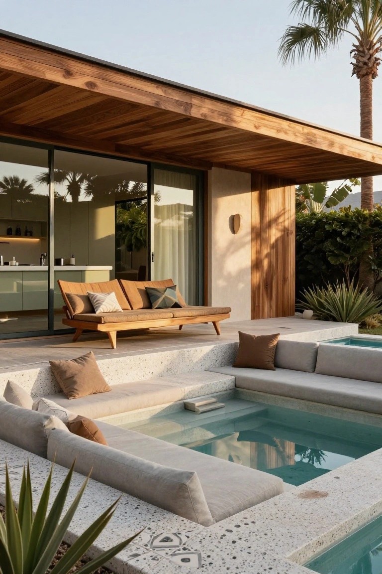 Modern outdoor plunge pool surrounded by L-shaped concrete benches with beige and tan cushions, next to a wooden daybed on a raised platform, with glass sliding doors to a kitchen interior and tropical plants nearby.