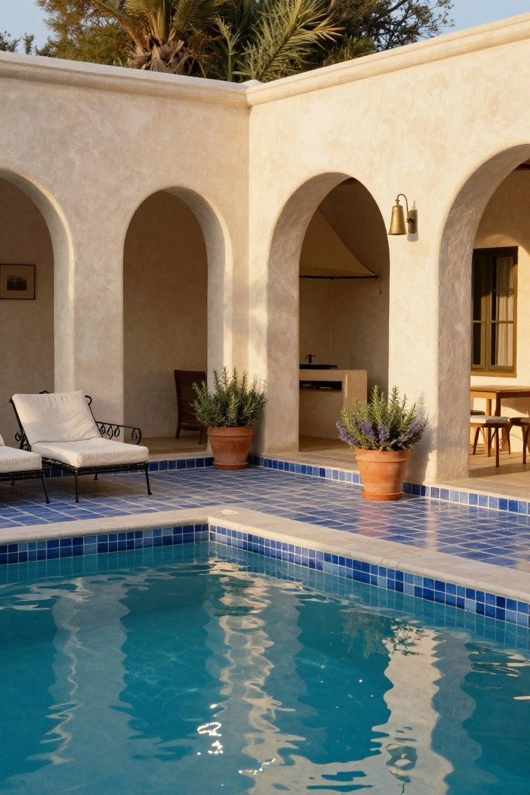 Beige stucco arches frame a blue mosaic-tiled pool with white lounge chairs, potted lavender and rosemary plants on the deck, and an outdoor kitchen visible in the background.