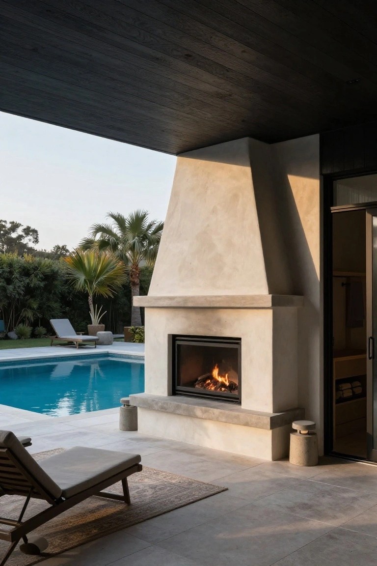 Beige stucco outdoor fireplace with burning logs on a tiled poolside patio next to a blue swimming pool, lounge chair nearby, palm trees and greenery in background.