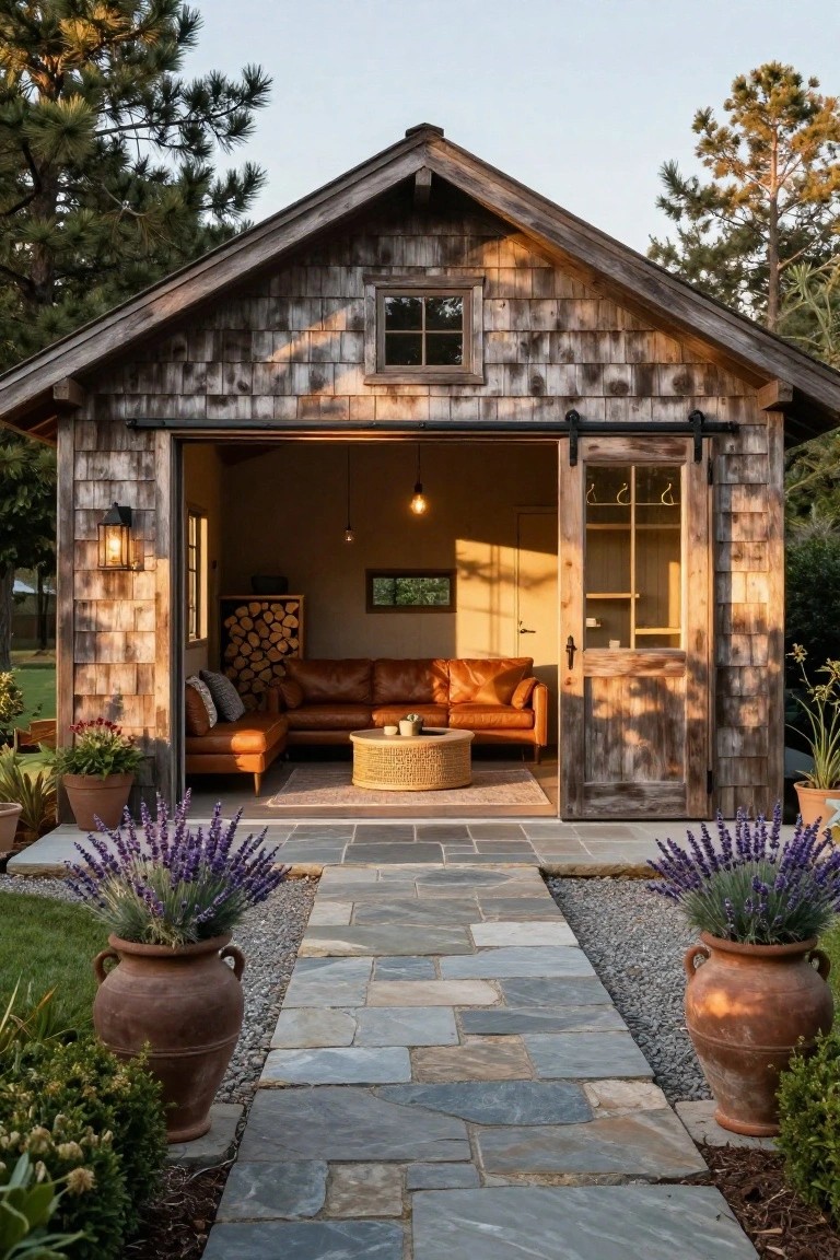 Rustic shingled pool house with large open sliding barn doors revealing tan leather L-shaped sofa, rattan coffee table, and firewood storage inside, flanked by stone paver pathway and terracotta pots of lavender in a garden with pine trees.