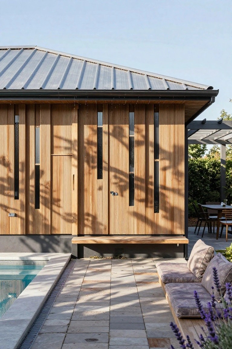 Exterior of a pool house with vertical light wood slats, slim black-framed windows, and a standing-seam metal roof, positioned next to an in-ground pool, stone pavers, built-in bench, cushioned outdoor seating, and lavender plants.