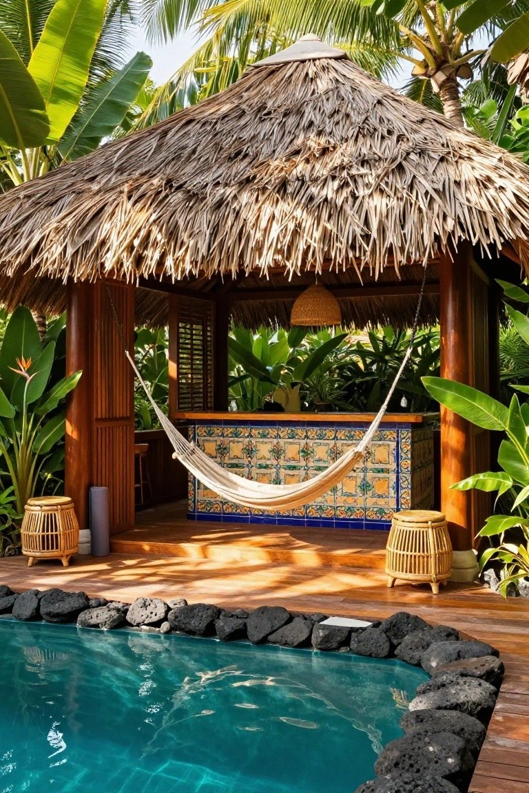 Open-air thatched-roof cabana with tiled bar counter, white hammock, rattan furniture, and tropical plants beside a turquoise pool edged in black lava rocks on a wooden deck.