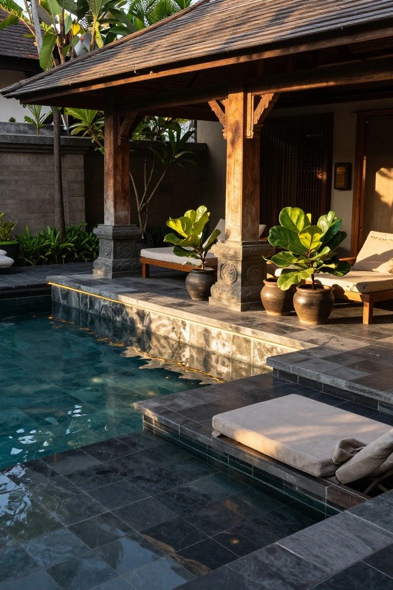 Turquoise pool with black stone decking and edge lighting, wooden pavilion structure overhead, potted plants, and cushioned loungers in a tropical garden setting.