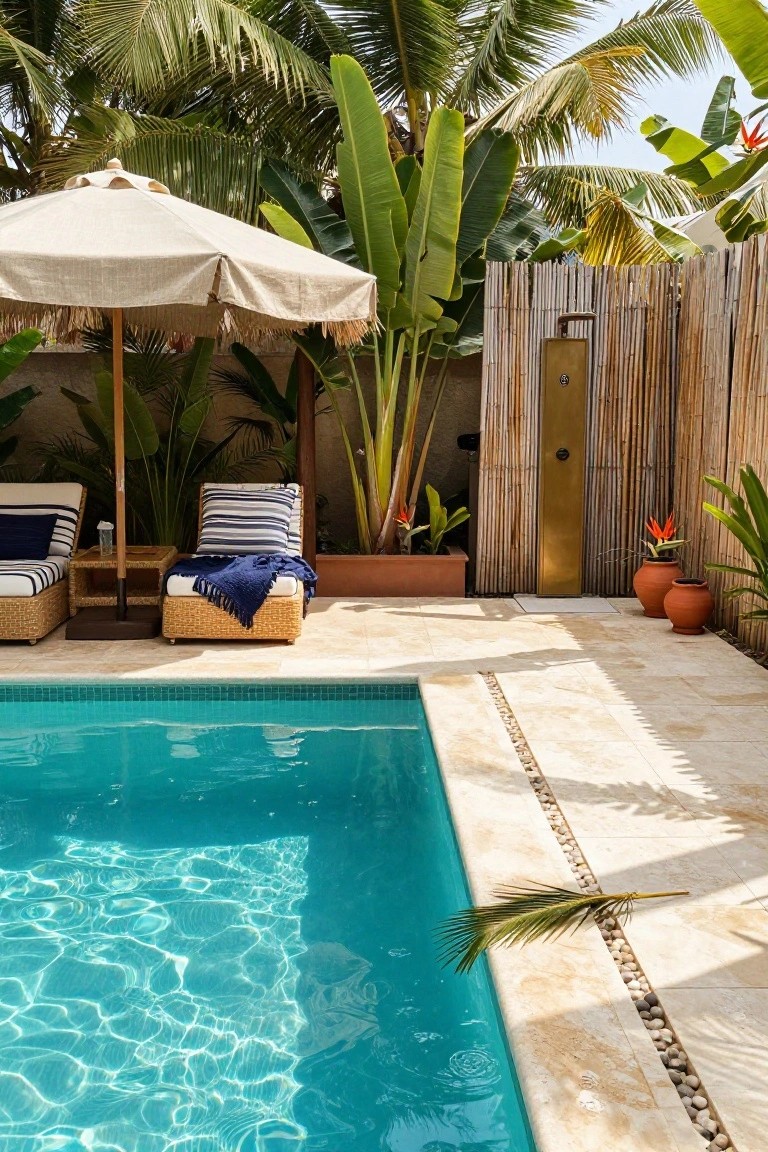 Turquoise pool edged by travertine tiles with pebble inlay, bamboo fencing with integrated gold shower, tropical plants, woven loungers with blue towels under fringed beige umbrella.