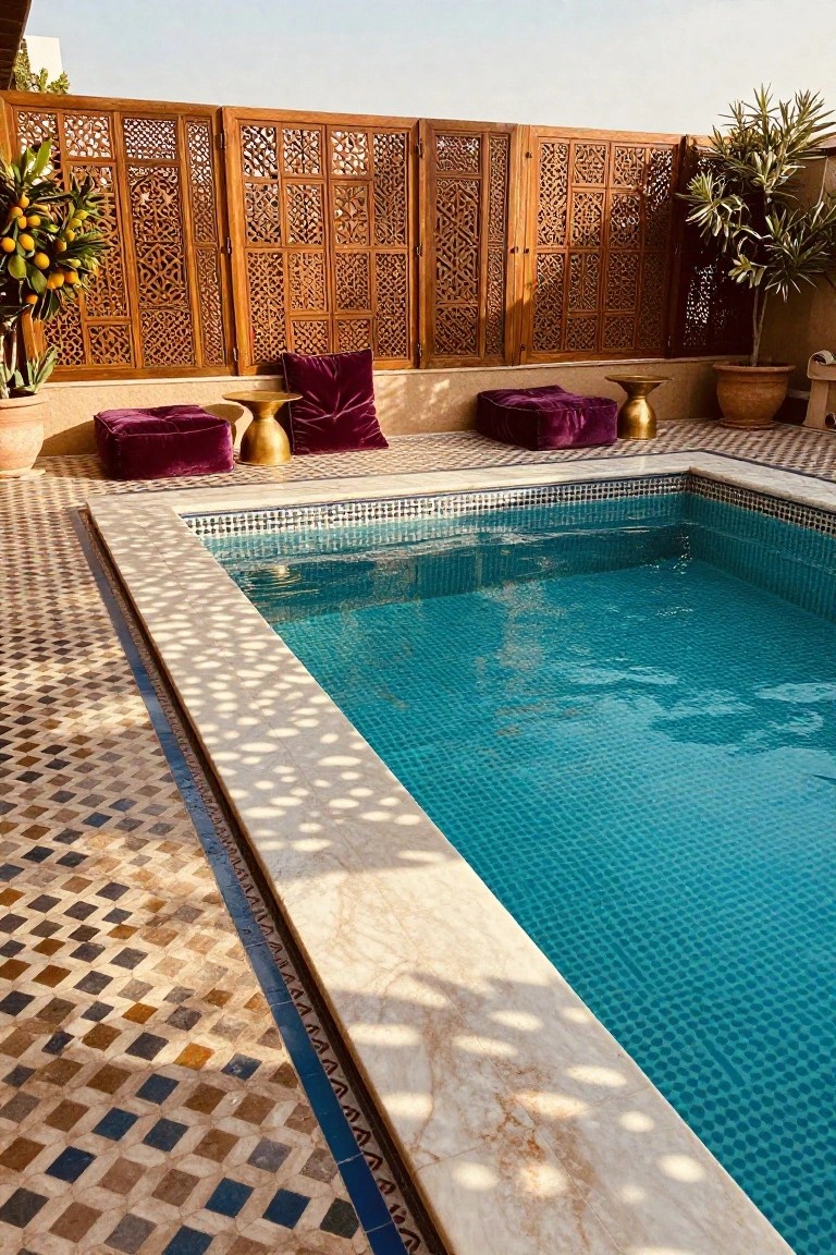 Rooftop pool with turquoise mosaic tiles and white marble edging, surrounded by tall carved wooden privacy screens, purple floor cushions, gold side tables, potted plants, and patterned tile decking.