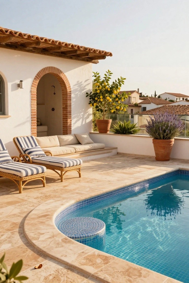 Curved blue-tiled pool with mosaic round step integrated into beige travertine deck, flanked by striped rattan lounge chairs, beige cushioned sofa, large terracotta pots with lemon tree and lavender, arched outdoor shower in white stucco wall under terracotta roof, overlooking hillside village.
