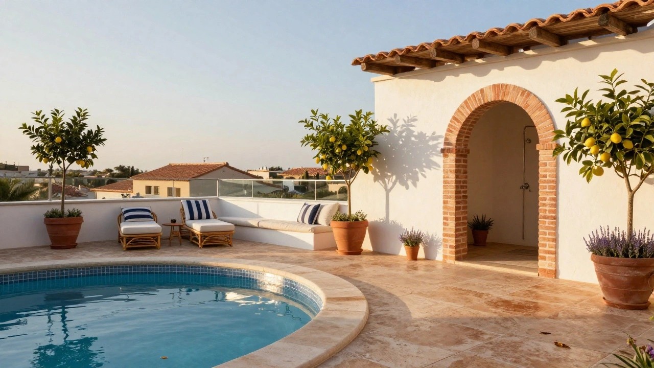 Curved blue-tiled pool with mosaic round step integrated into beige travertine deck, flanked by striped rattan lounge chairs, beige cushioned sofa, large terracotta pots with lemon tree and lavender, arched outdoor shower in white stucco wall under terracotta roof, overlooking hillside village.
