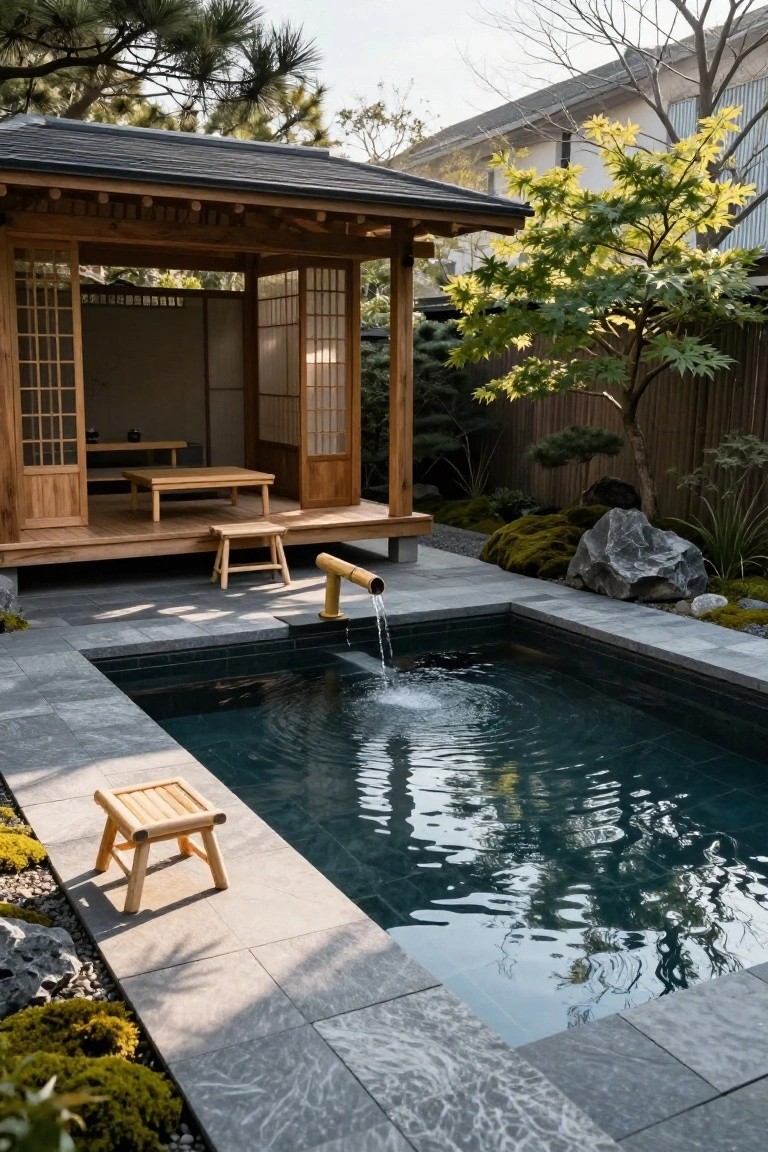 Small rectangular plunge pool with dark tiles and water rippling from a yellow bamboo fountain spout, edged by gray stone decking with a wooden stool nearby, traditional wooden pavilion in background, and garden elements including moss, rocks, and trees.