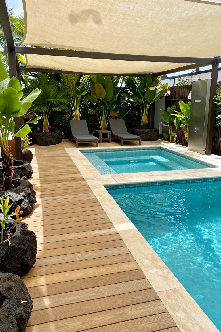 Wooden deck pathway beside a turquoise pool and spa, edged with black lava rock planters containing tropical plants and orange flowers, lounge chairs under a beige shade canopy nearby.