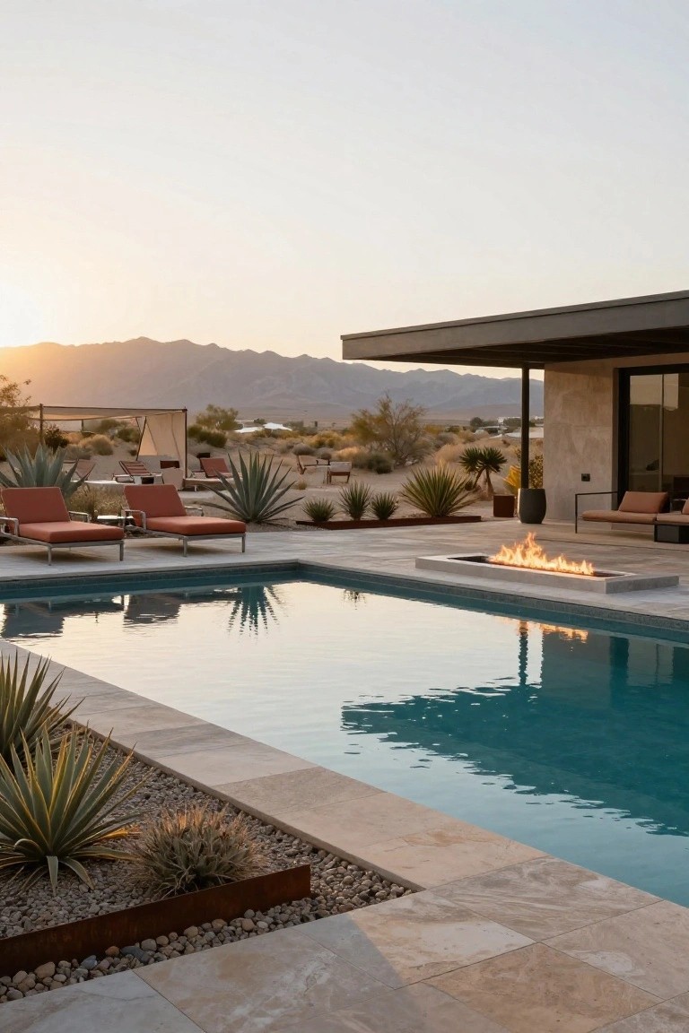 Modern pool deck with rectangular gas fire pit built into the stone edge next to a rectangular pool, orange loungers nearby, agave plants, and desert mountains at sunset.