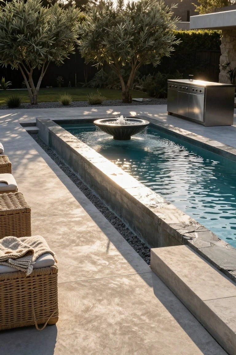 Long narrow reflecting pool with central fountain set into a concrete pool deck, flanked by wicker lounge chairs, a stainless steel barbecue nearby, and olive trees in the background.
