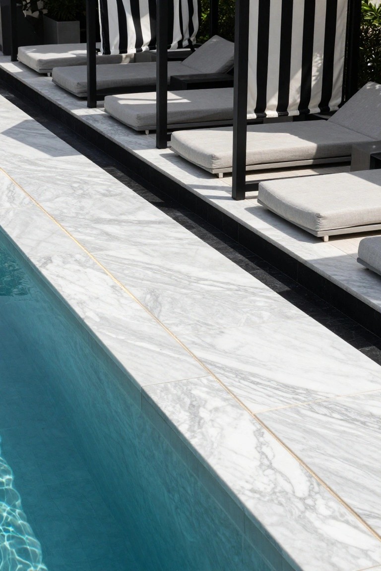 Close-up of a pool edge with white marble slabs featuring a thin gold inlay line along the top, black trim bordering the deck, gray lounge chairs positioned nearby, and turquoise pool water visible below.