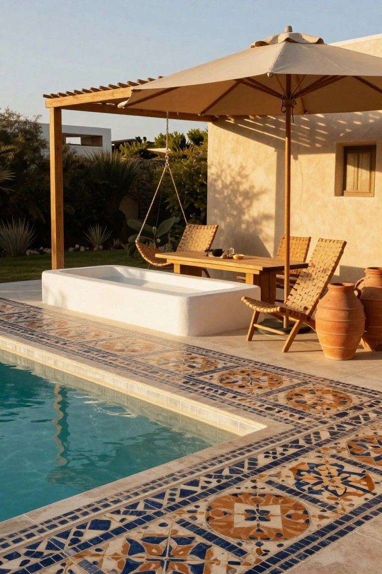Pool deck with white rectangular pool bordered by geometric blue, navy, and orange mosaic tiles on light beige stone surface, wooden rattan chairs and table, beige umbrella, hanging swing, terracotta pots, and pergola structure nearby.