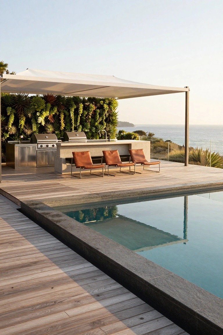 Wooden deck beside infinity-edge pool with built-in stainless steel outdoor kitchen featuring two grills and sink on concrete counter, three orange leather chairs, white fabric shade canopy, lush vertical green wall backdrop, and ocean horizon.