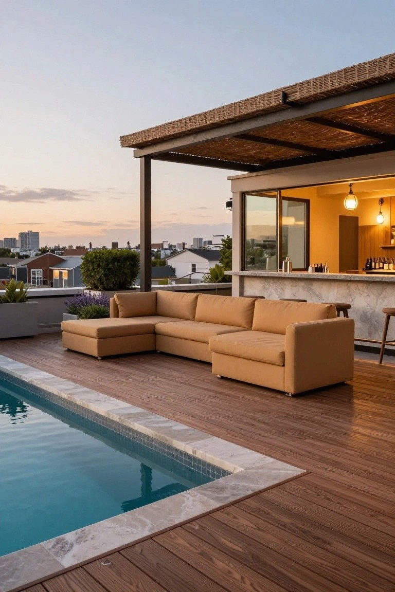 Rooftop wooden deck with turquoise pool edged in marble, tan L-shaped outdoor sofa, potted plants, thatched-roof pergola over bar area with stools, and city view at dusk.