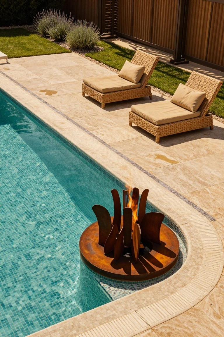 Turquoise mosaic pool with corten steel fire sculpture mounted on the curved edge, travertine decking, wicker loungers, lavender plants, and wooden fence in the background.