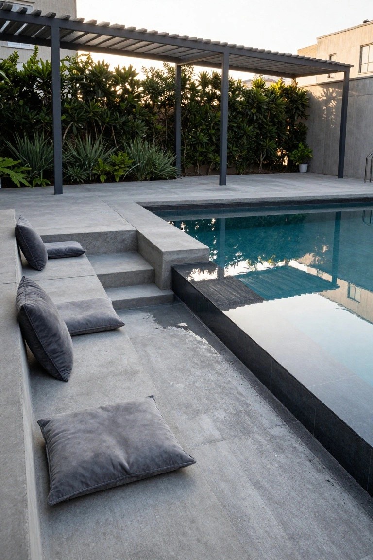 Concrete pool deck featuring built-in stepped benches with gray cushions along the edge of a rectangular turquoise pool, with greenery and a metal pergola in the background.