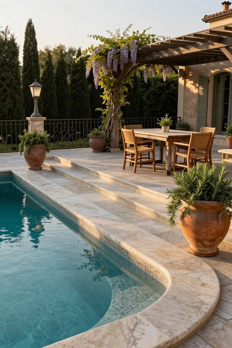 Stone pool deck terrace with wooden dining table and rattan chairs under a pergola covered in purple wisteria vines, steps leading to turquoise pool water, terracotta pots with plants, and cypress trees in background.