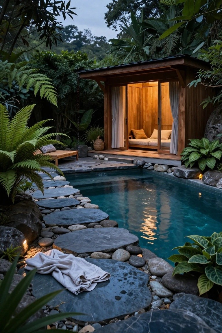 Wooden pavilion with open sliding doors and cushioned daybed overlooking a turquoise plunge pool, bordered by rocks and connected by flat stone slabs amid tropical plants.