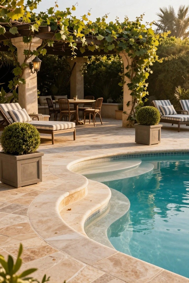 Curved turquoise pool with travertine tiled decking and integrated steps, surrounded by a vine-covered pergola, lounge chairs, dining table, and potted boxwood shrubs on a sunny patio.