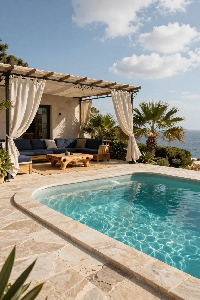 Curved turquoise pool on beige stone deck with navy L-shaped sofa and wooden coffee table under wooden pergola draped in white curtains, flanked by palms and overlooking the sea.
