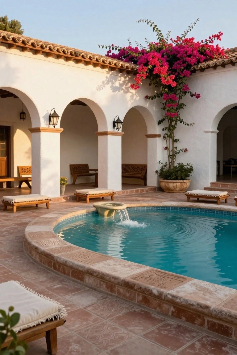 Small oval turquoise pool with fountain in a terracotta-tiled courtyard surrounded by white stucco walls with arches, wooden benches and daybeds, lanterns, potted plants, and bougainvillea vines.