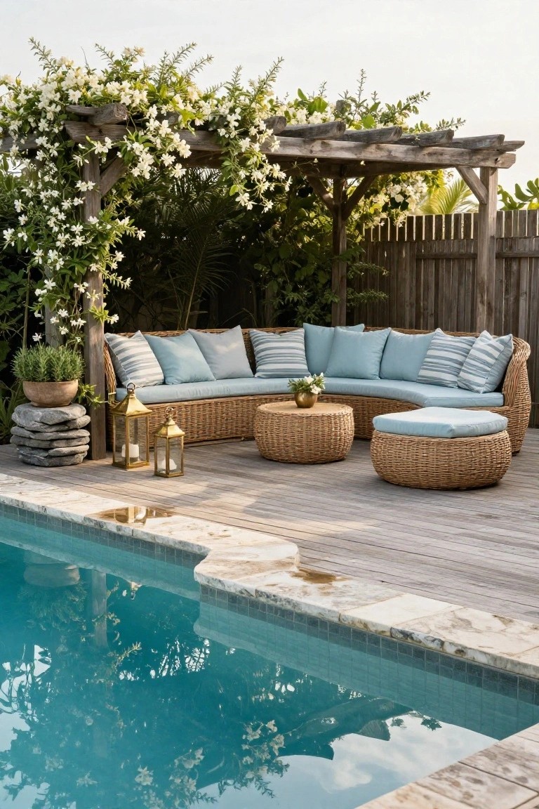 Vine-Draped Pergola for Poolside Seating
