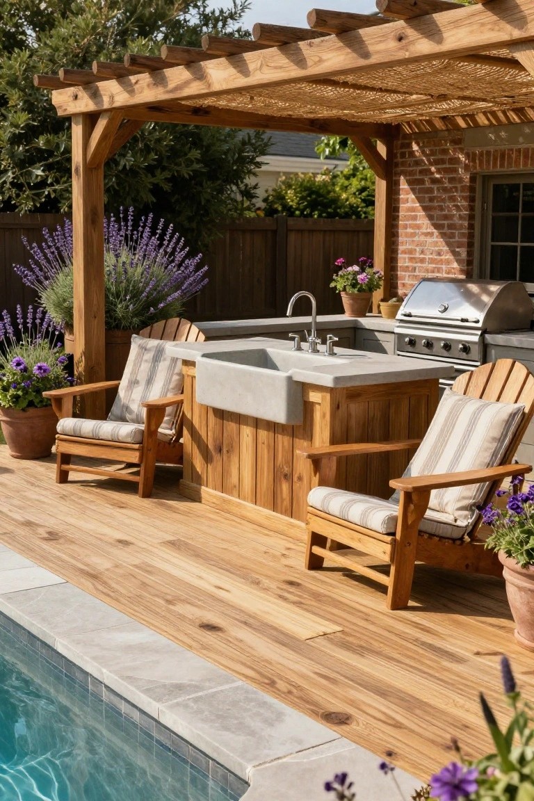 Wooden pergola-covered deck beside a pool with a built-in wooden cabinet enclosing a farmhouse sink, adjacent stainless steel grill, two Adirondack chairs with striped cushions, and potted plants including lavender.