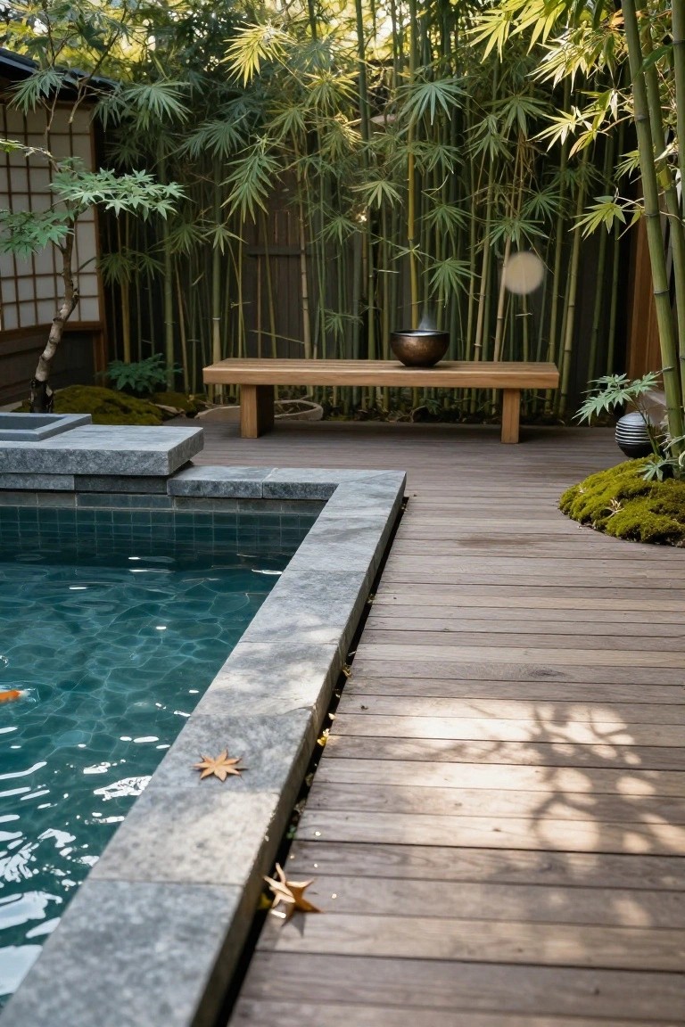 A rectangular pool with teal tiles and gray stone edging sits beside a wooden deck, framed by dense green bamboo screening, a wooden bench with a bronze bowl, mossy plantings, and a shoji screen in the background.