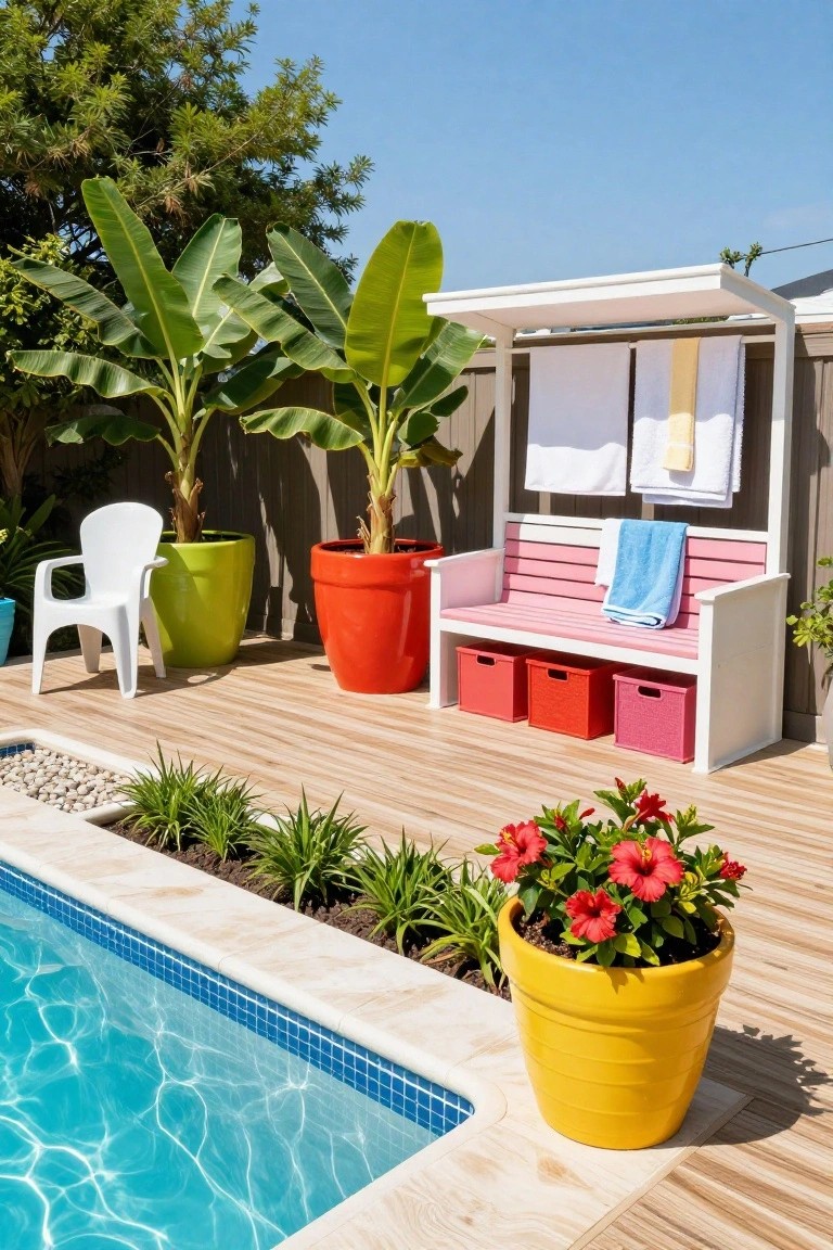 Pool deck with turquoise water edged in beige tile, surrounded by large colorful pots containing banana plants and hibiscus, a pink bench with red bins under a white pergola holding towels, and a white plastic chair nearby.