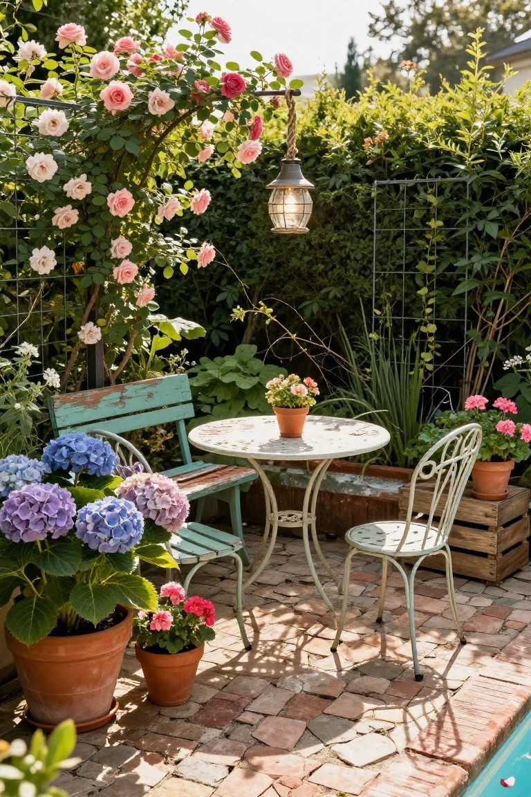 Small round white metal table and two chairs, one turquoise wood and one white metal, on a brick pool deck surrounded by large terracotta pots of blue hydrangeas and pink geraniums, with climbing pink roses on a trellis, a hanging lantern, and pool edge in the background.