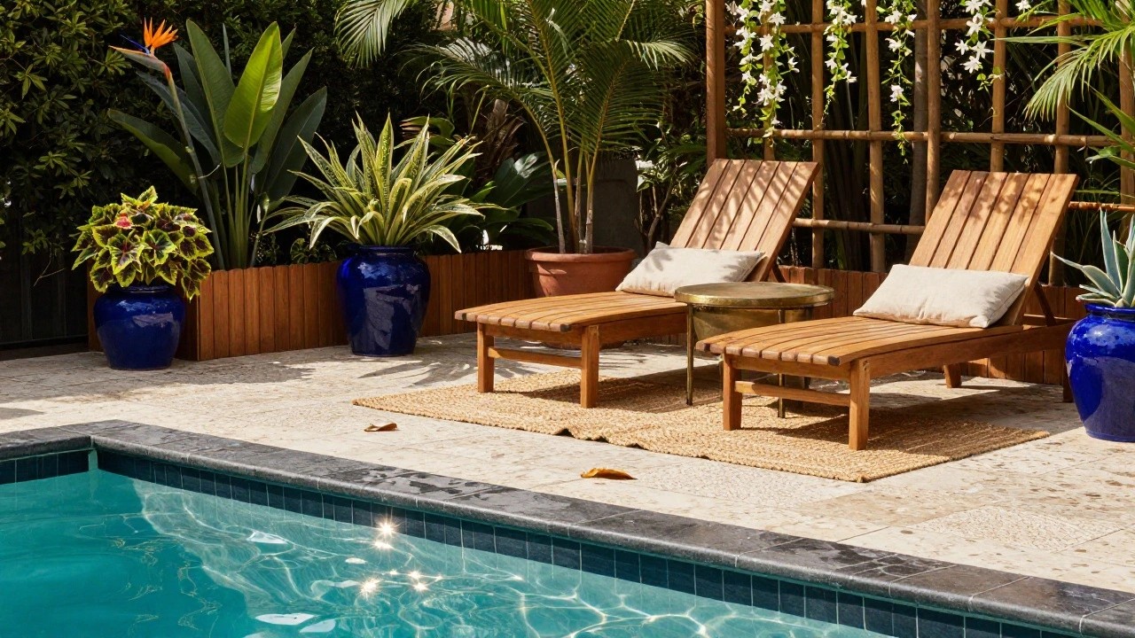 Pool deck area with two wooden loungers, a gold drum table, several large blue pots holding colorful leafy plants and succulents, tall green palms and a bird of paradise, white flowering vines on a pergola, next to a turquoise pool edged in stone tiles.