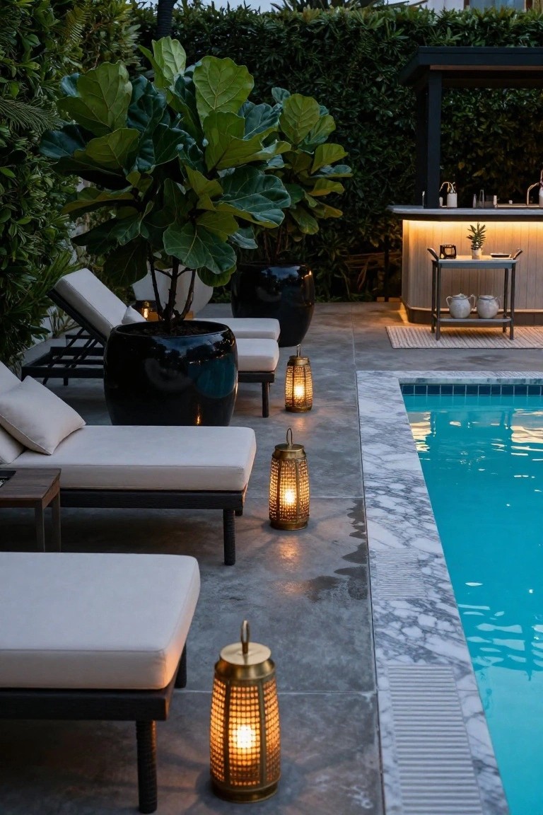 Pool deck featuring white loungers next to large black pots with lush green plants, brass lanterns on the ground, a turquoise pool with marble edging, and a nearby outdoor bar amid greenery.